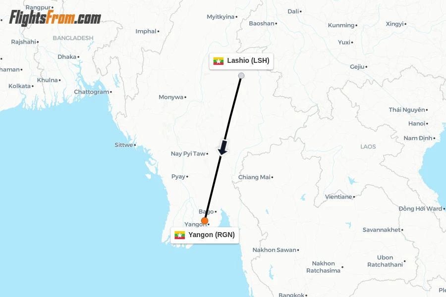 Flights from Lashio to Yangon route map