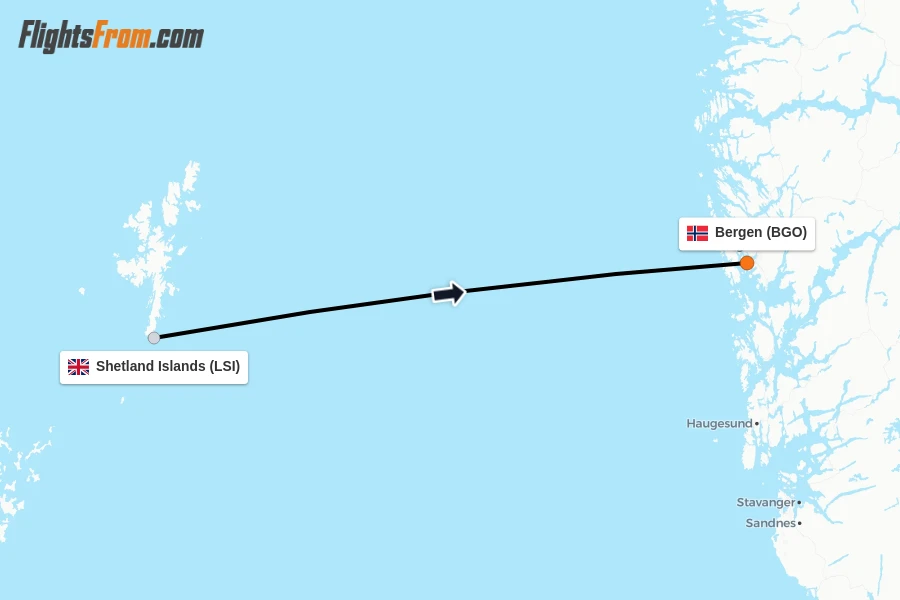 Flights from Shetland Islands to Bergen route map