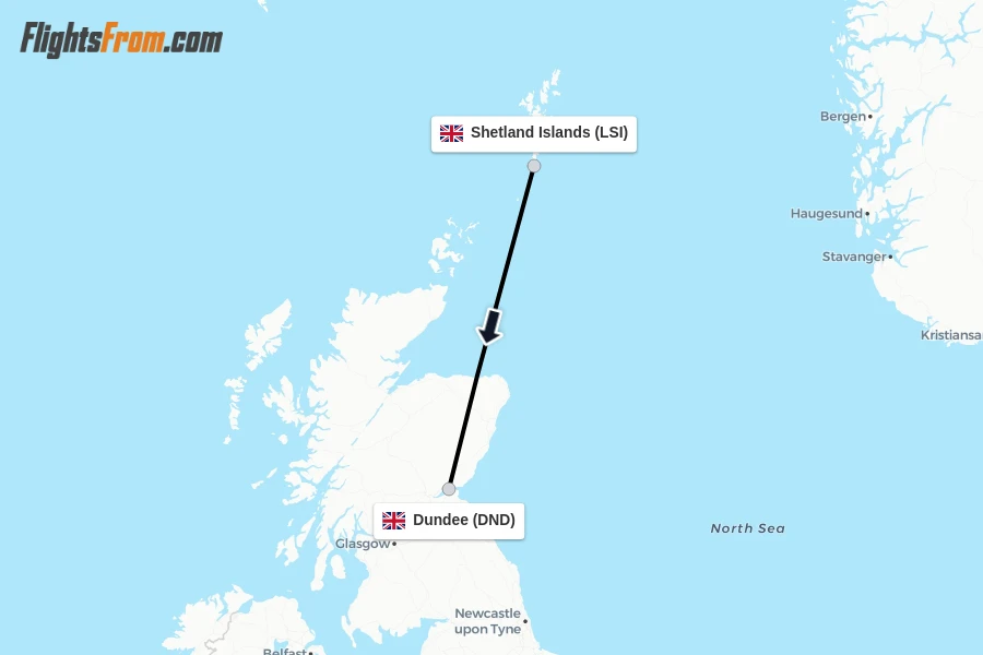 Flights from Shetland Islands to Dundee route map