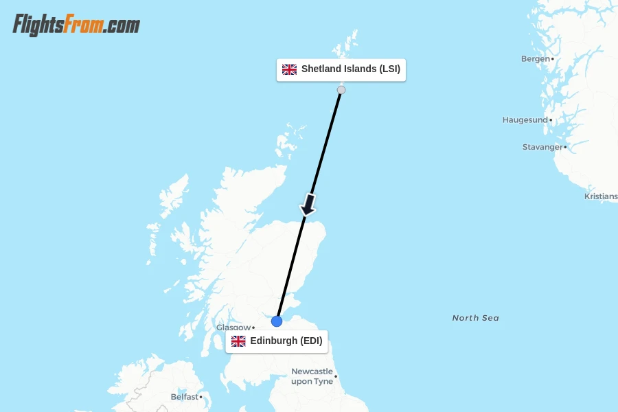 Flights from Shetland Islands to Edinburgh route map