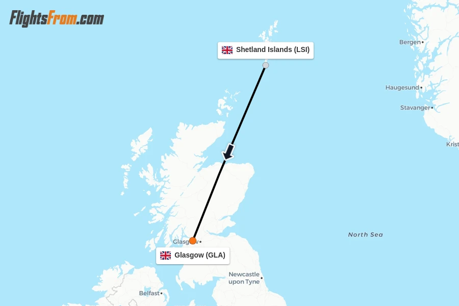 Flights from Shetland Islands to Glasgow route map