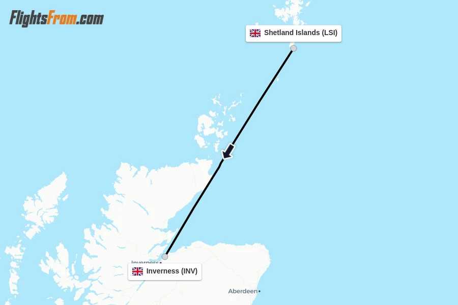 Flights from Shetland Islands to Inverness route map