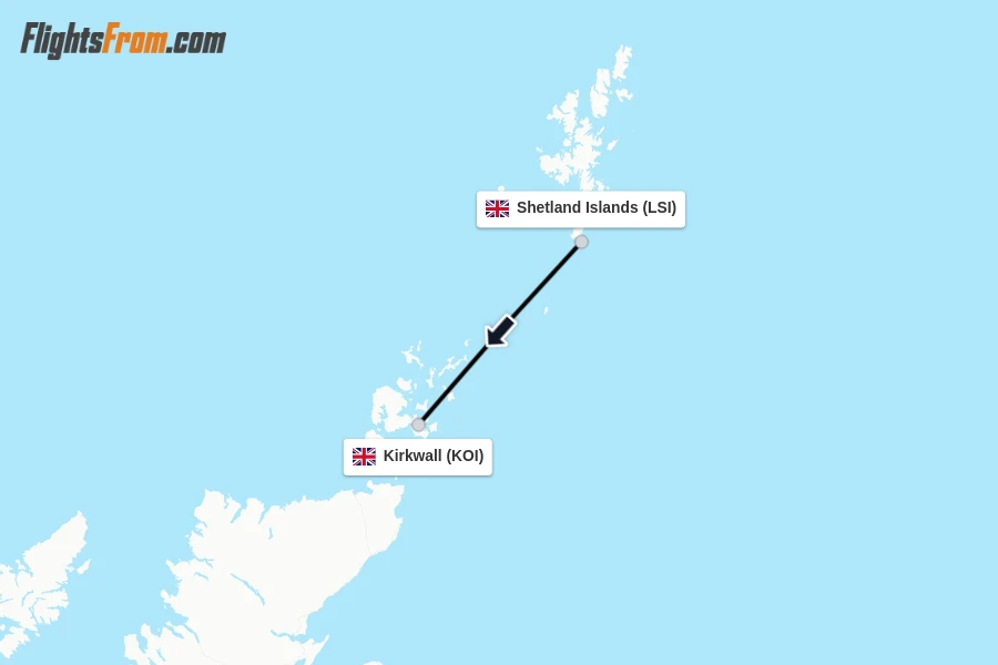 Flights from Shetland Islands to Kirkwall route map