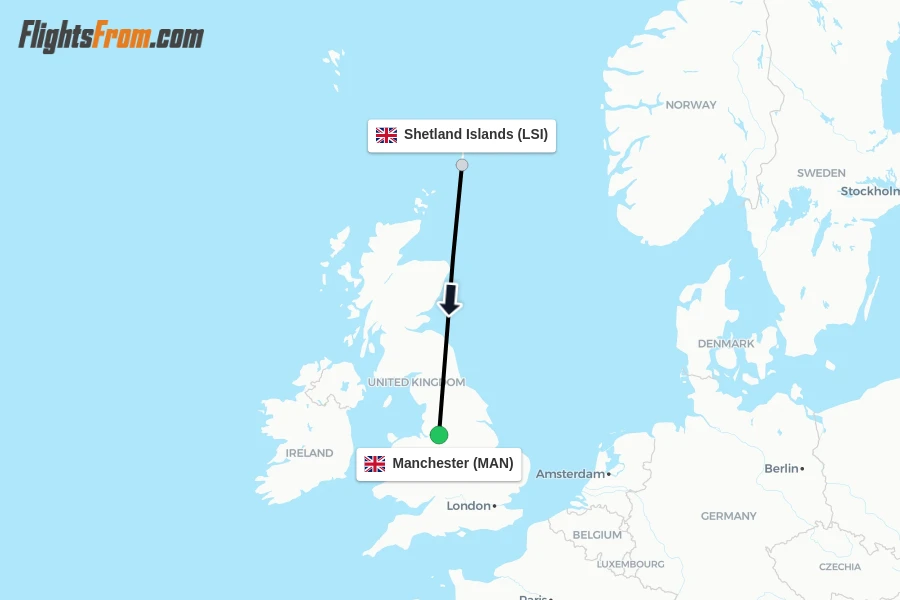 Flights from Shetland Islands to Manchester route map