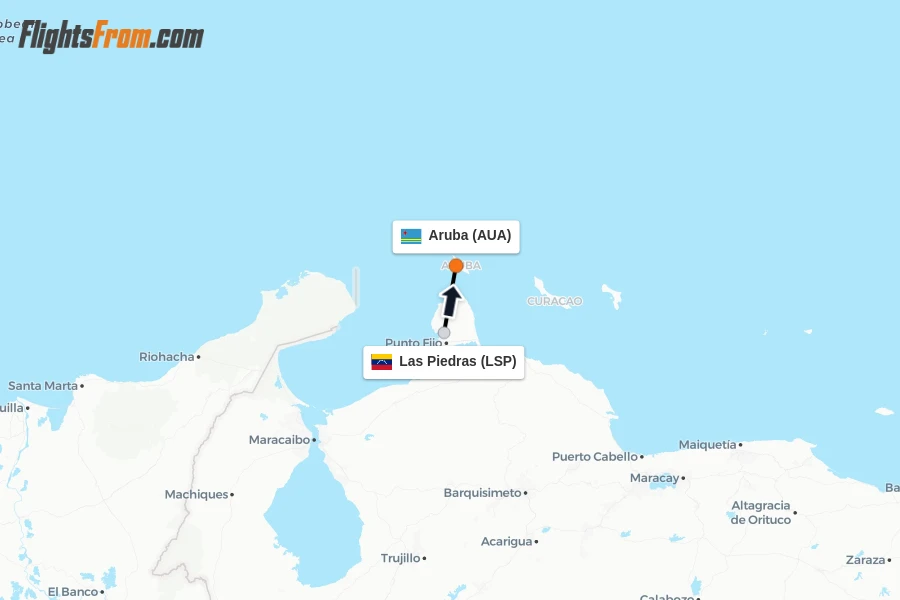 Flights from Las Piedras to Aruba route map