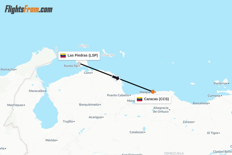 Flights from Las Piedras to Caracas route map