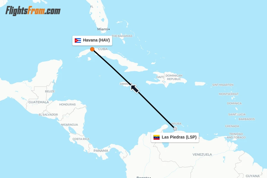 Flights from Las Piedras to Havana route map