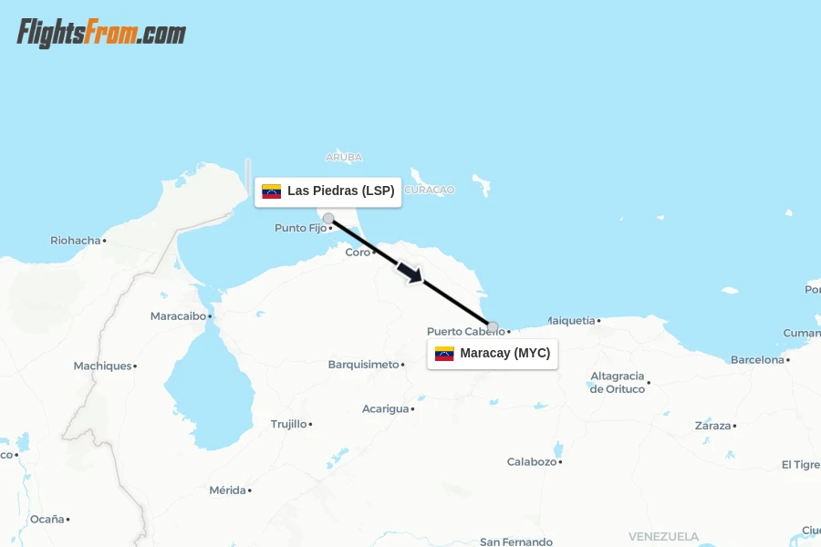 Flights from Las Piedras to Maracay route map