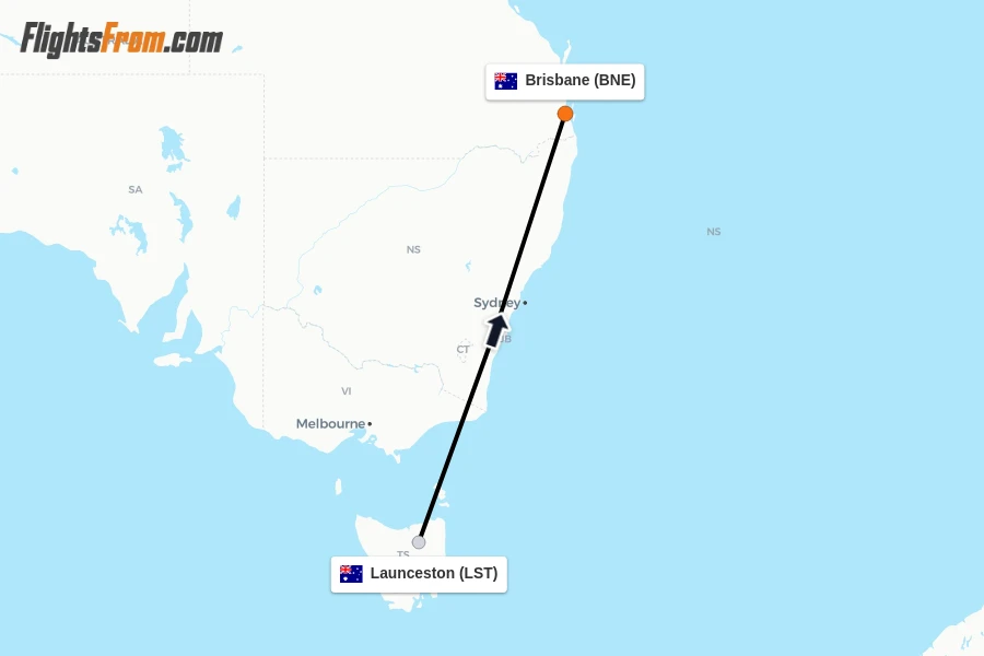 Flights from Launceston to Brisbane route map