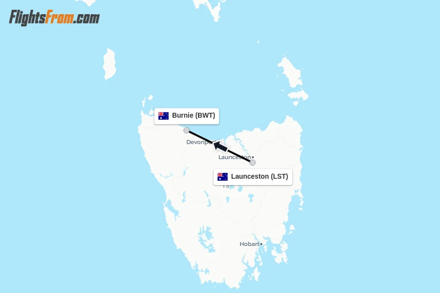 Flights from Launceston to Burnie route map
