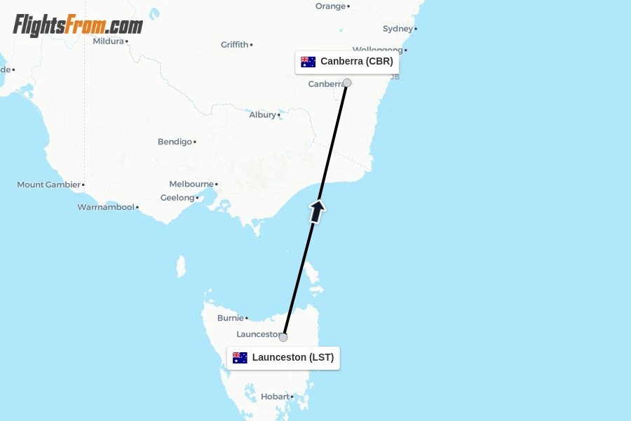 Flights from Launceston to Canberra route map
