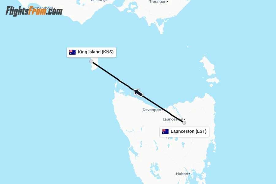 Flights from Launceston to King Island route map