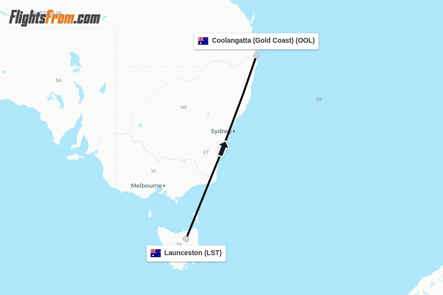 Flights from Launceston to Coolangatta (Gold Coast) route map
