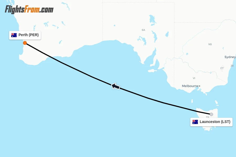 Flights from Launceston to Perth route map