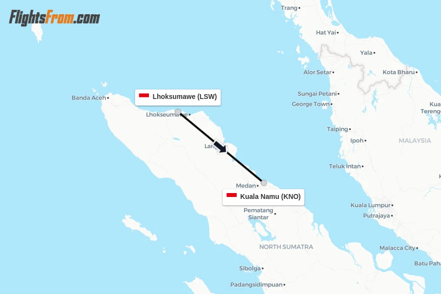 Flights from Lhoksumawe to Kuala Namu route map
