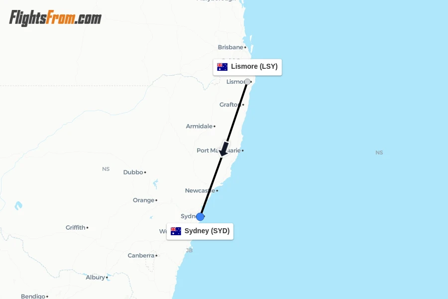 Flights from Lismore to Sydney route map