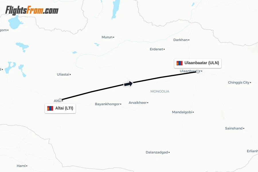 Flights from Altai to Ulaanbaatar route map
