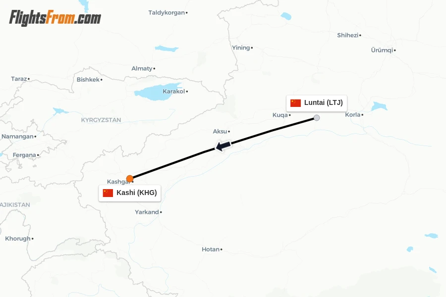 Flights from Luntai to Kashi route map