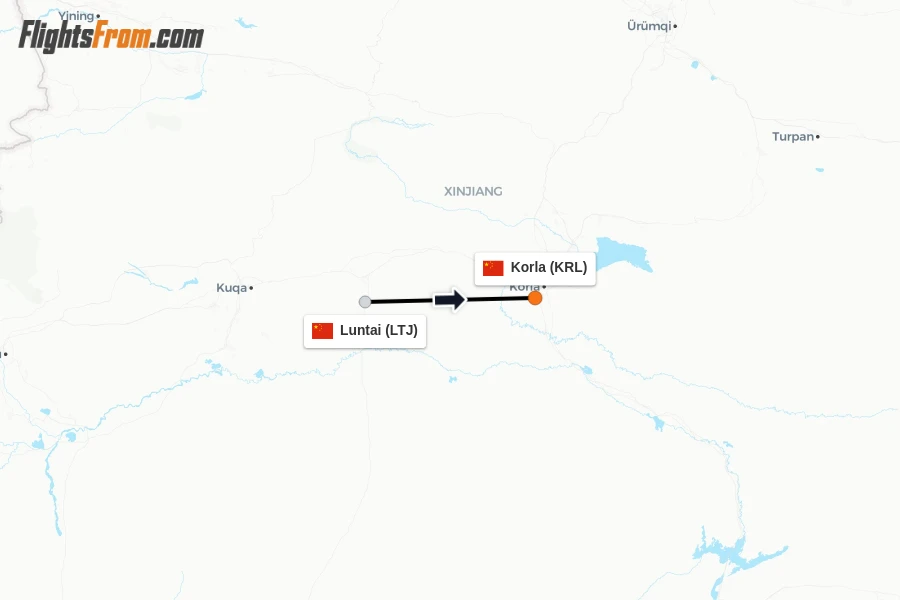 Flights from Luntai to Korla route map