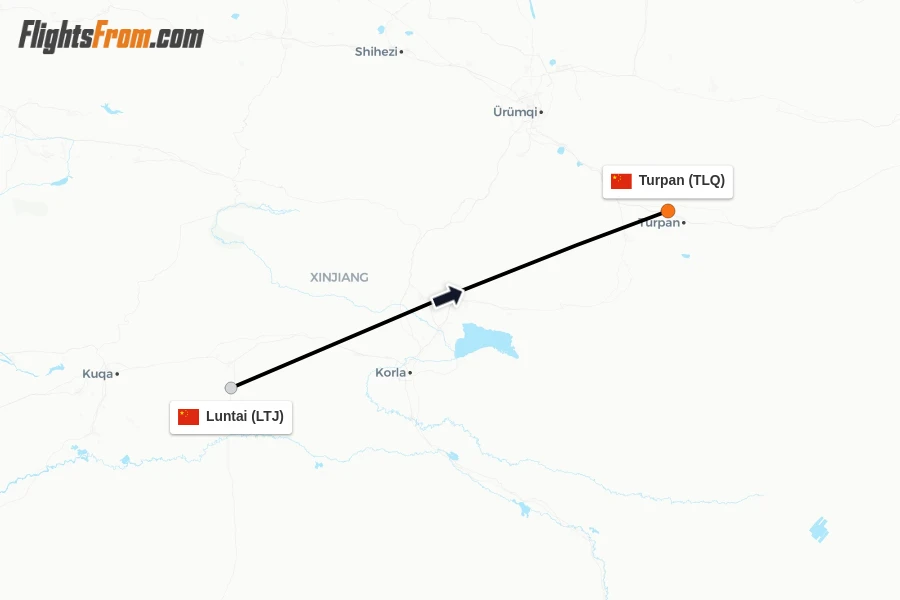 Flights from Luntai to Turpan route map