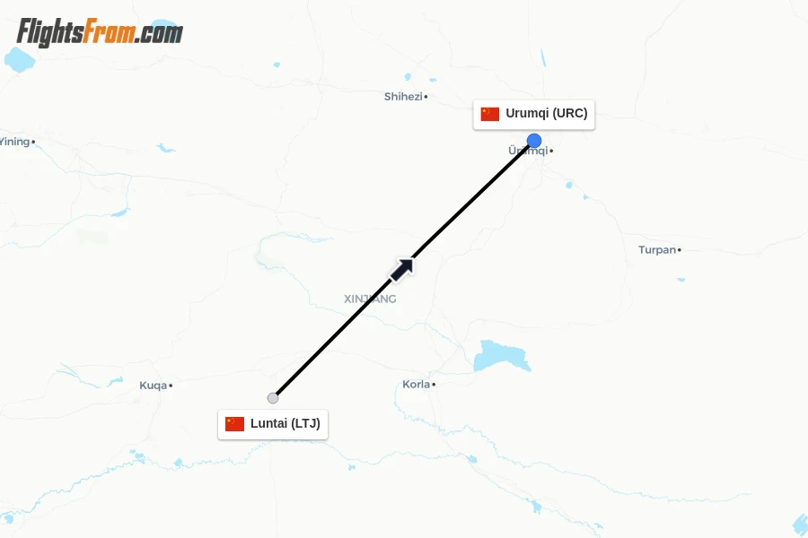 Flights from Luntai to Urumqi route map