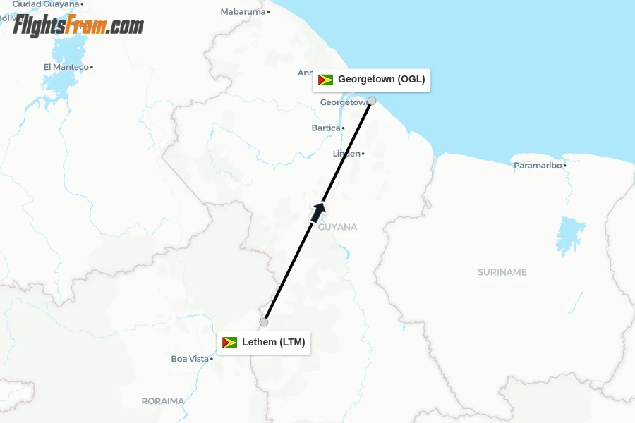 Flights from Lethem to Georgetown route map