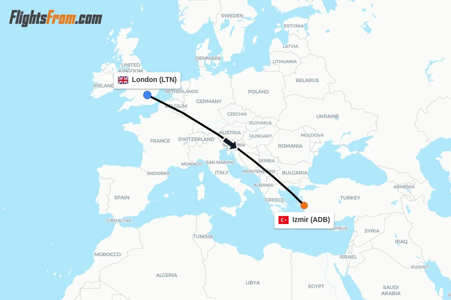 Flights from London to Izmir route map
