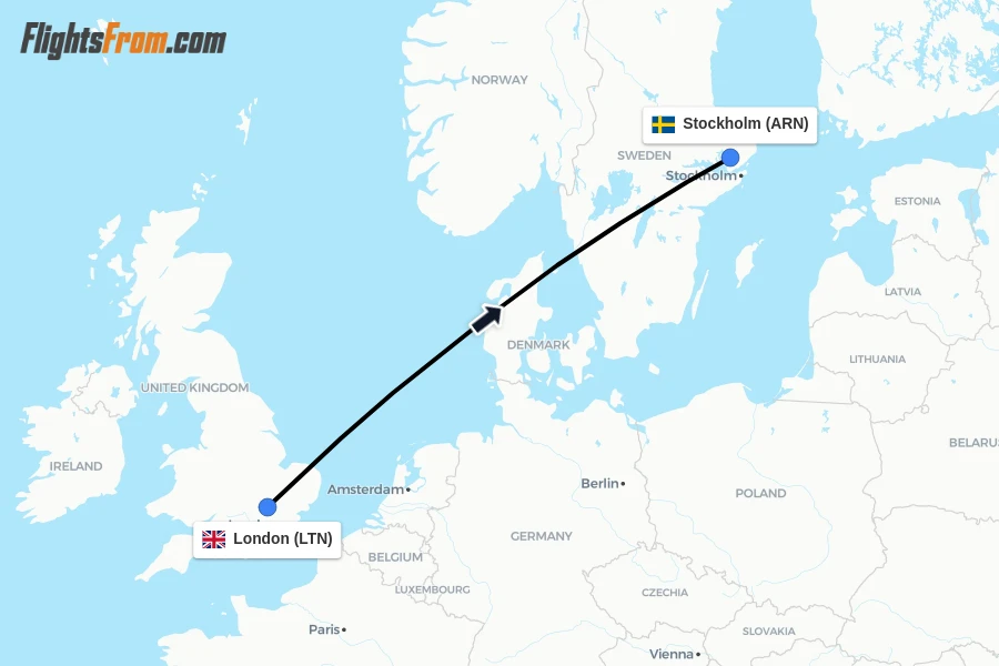 Flights from London to Stockholm route map