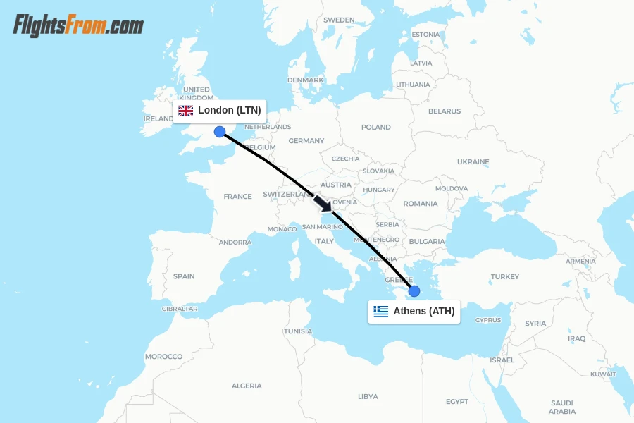 Flights from London to Athens route map
