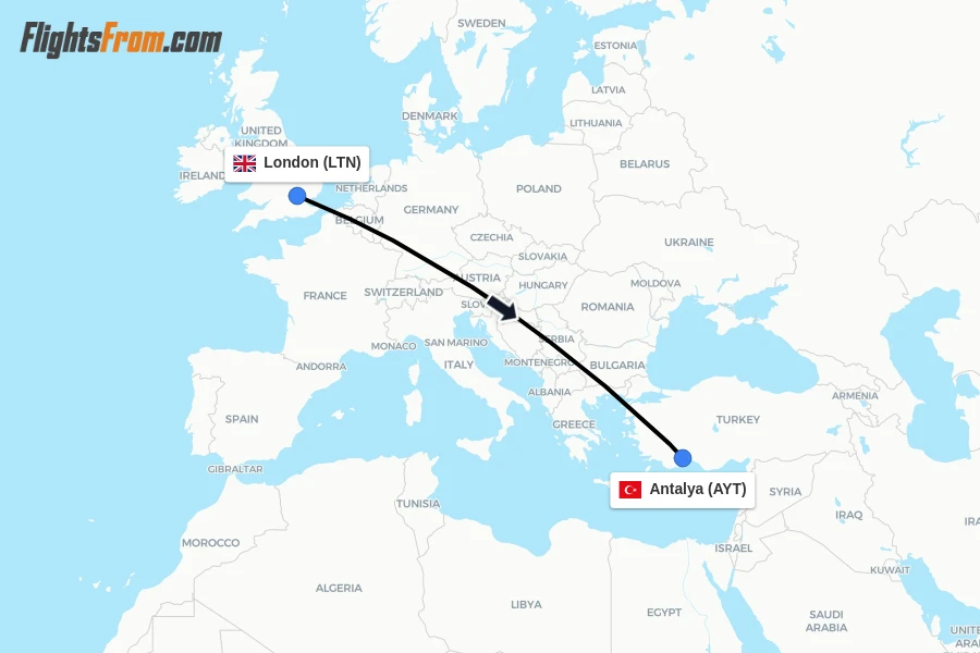 Flights from London to Antalya route map