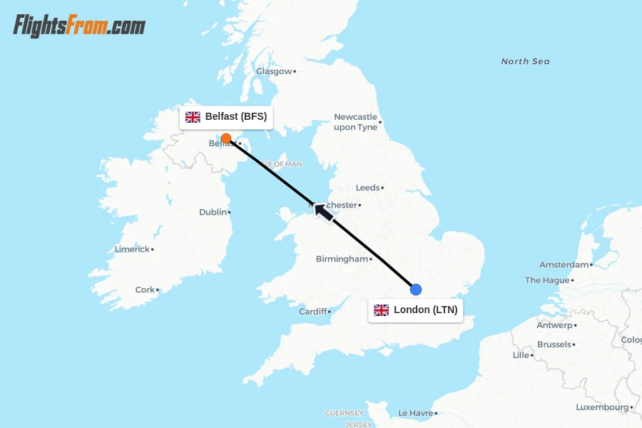 Flights from London to Belfast route map