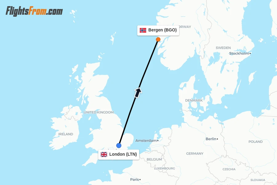 Flights from London to Bergen route map