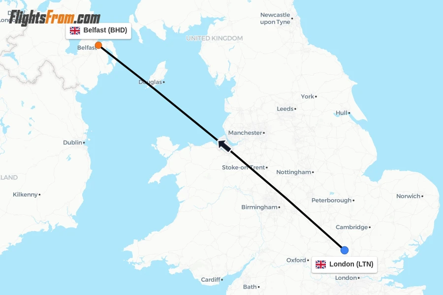 Flights from London to Belfast route map