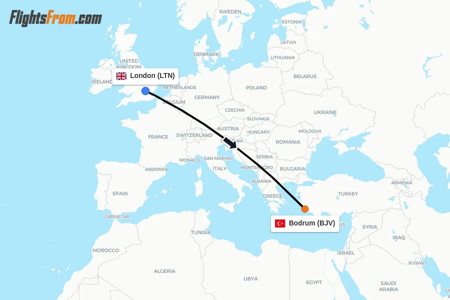 Flights from London to Bodrum route map