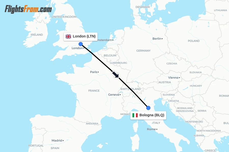 Flights from London to Bologna route map