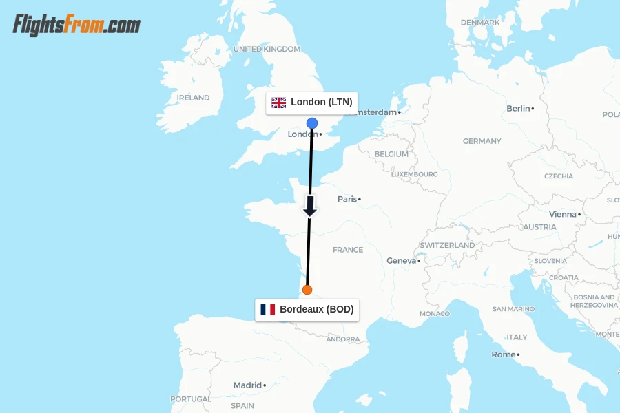 Flights from London to Bordeaux route map