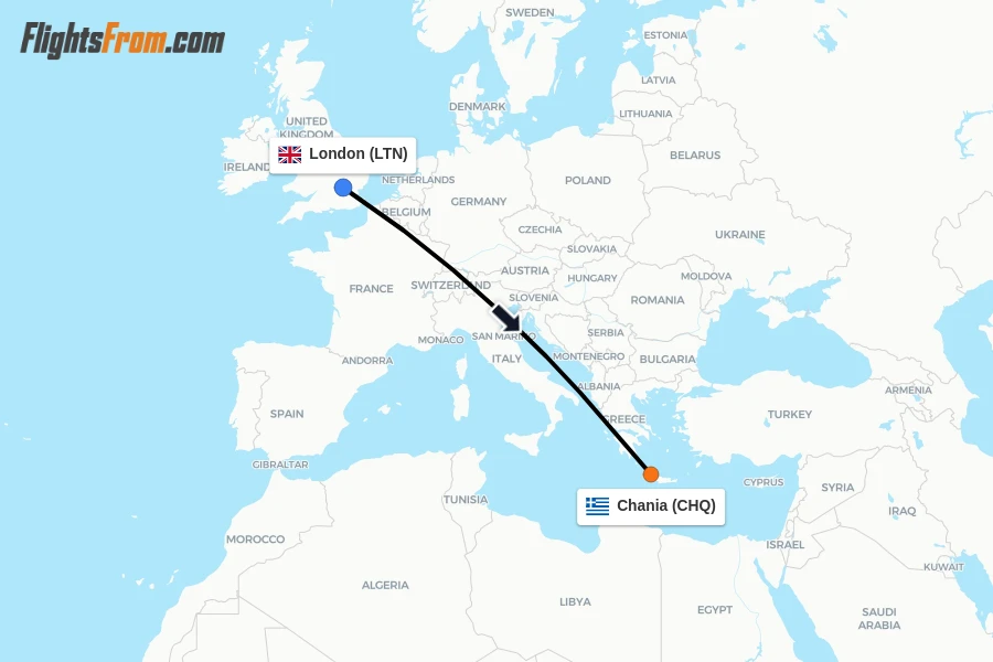 Flights from London to Chania route map