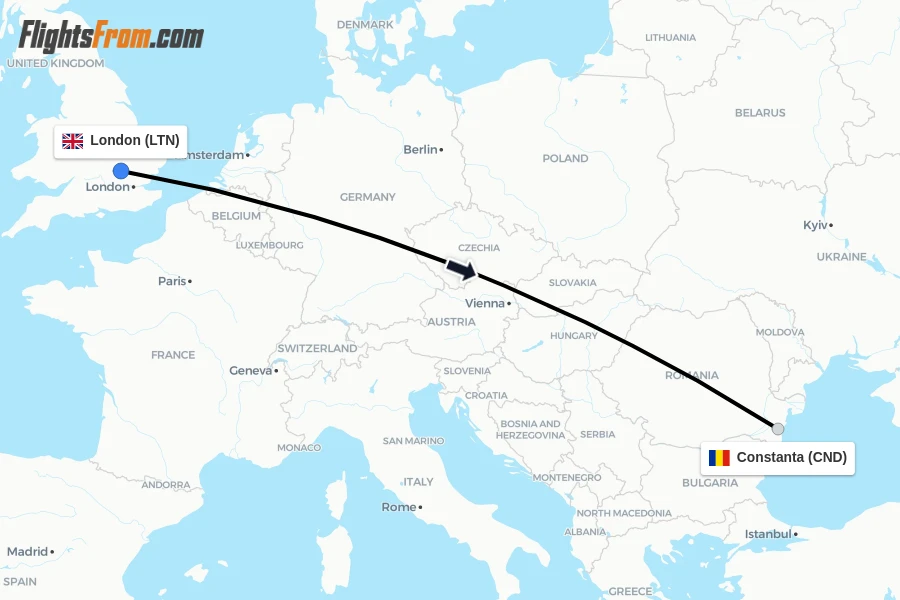 Flights from London to Constanta route map
