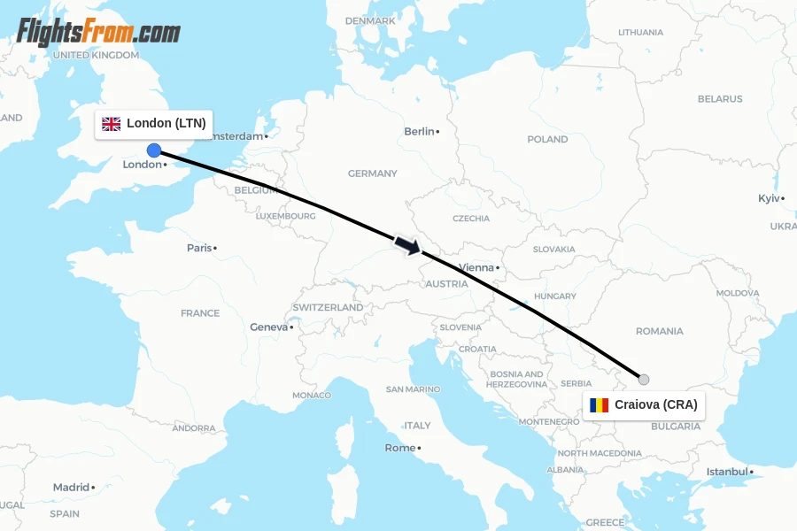 Flights from London to Craiova route map