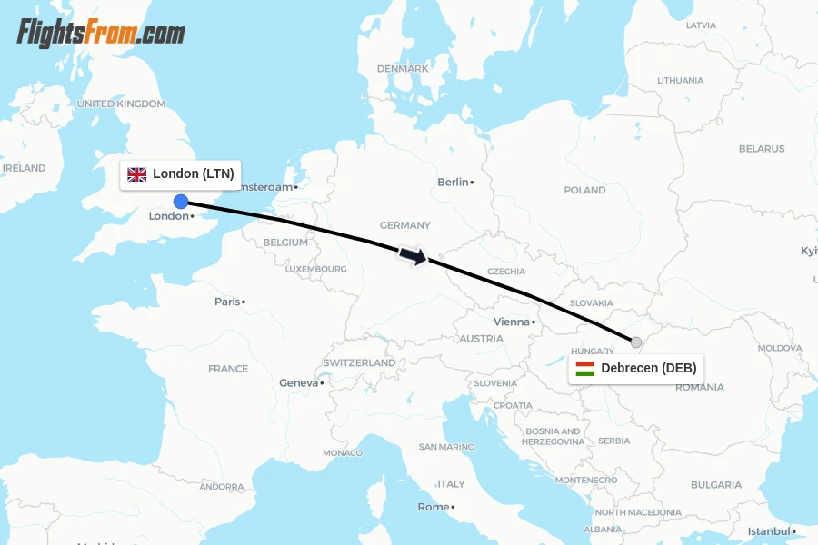 Flights from London to Debrecen route map