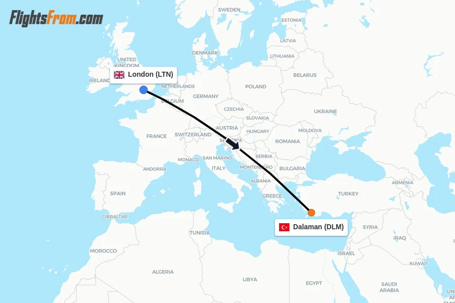 Flights from London to Dalaman route map