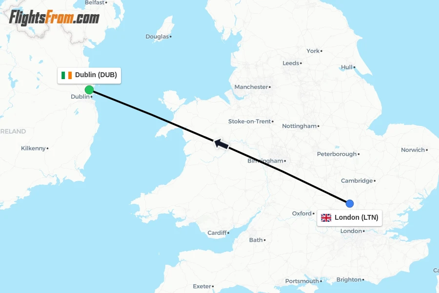 Flights from London to Dublin route map