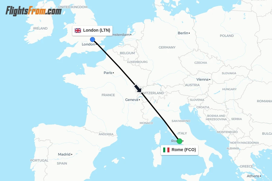 Flights from London to Rome route map