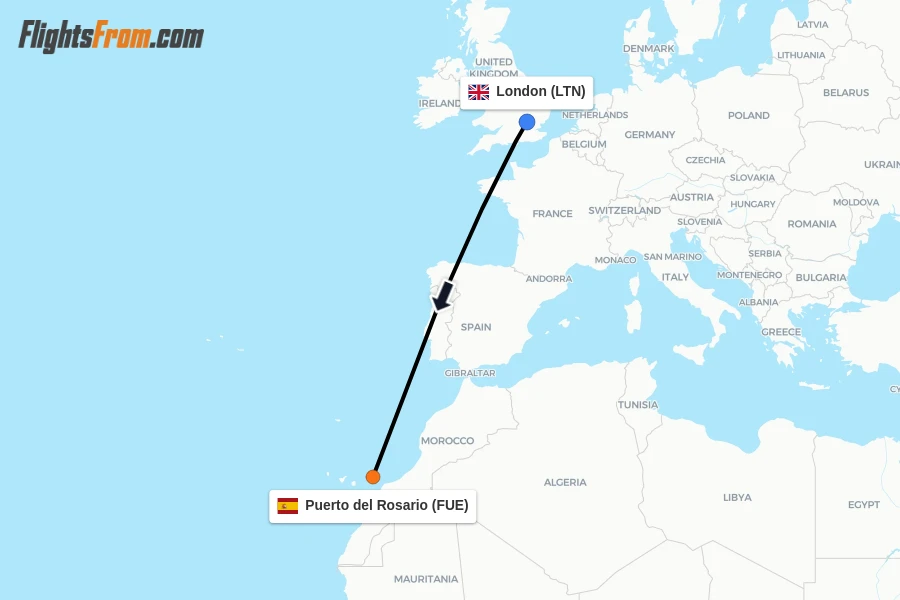Flights from London to Puerto del Rosario route map