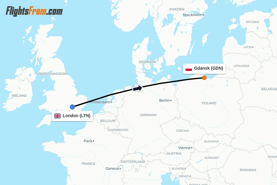 Flights from London to Gdansk route map