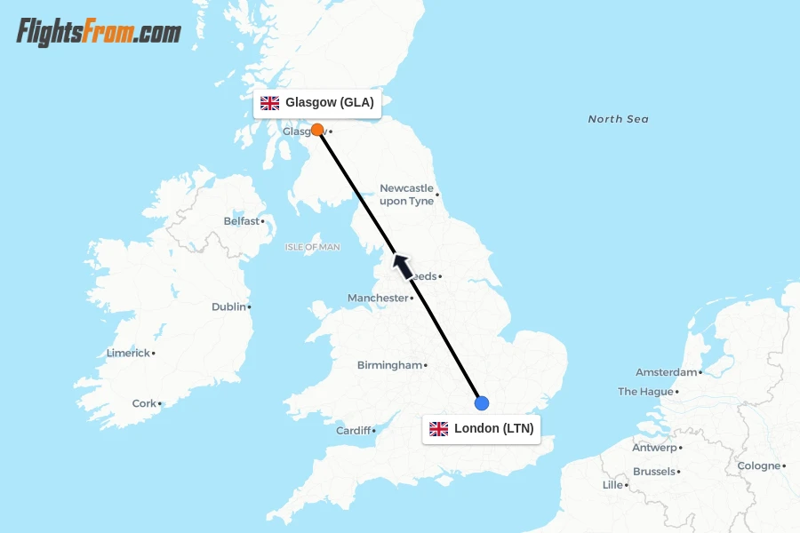 Flights from London to Glasgow route map