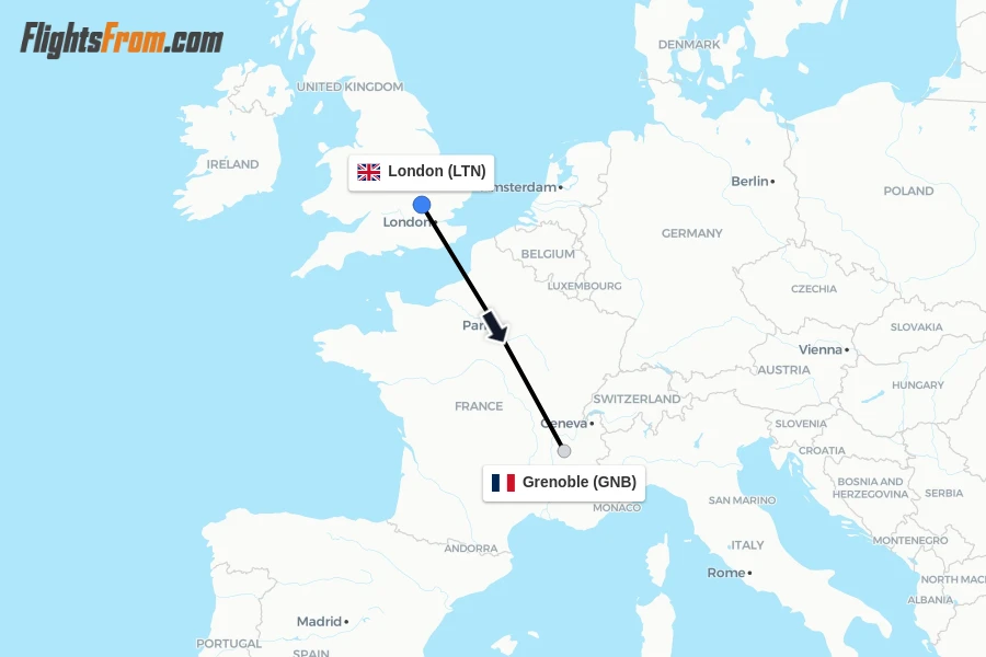 Flights from London to Grenoble route map