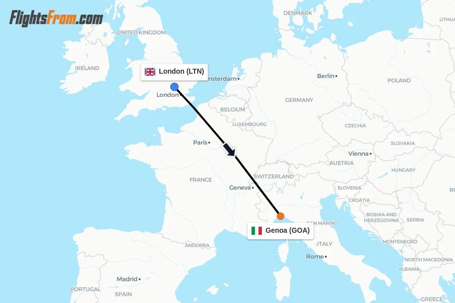 Flights from London to Genoa route map
