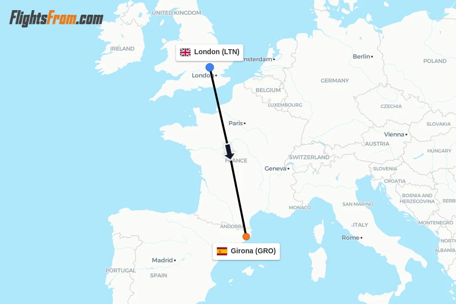 Flights from London to Girona route map
