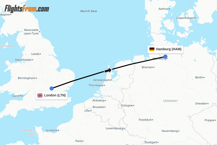 Flights from London to Hamburg route map